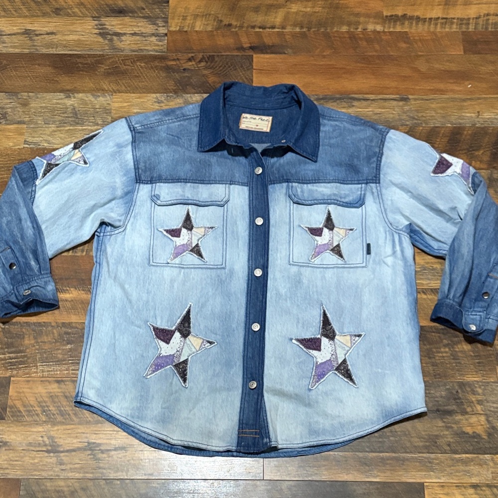 We The Free To The Stars Blue‎ Denim Button Down